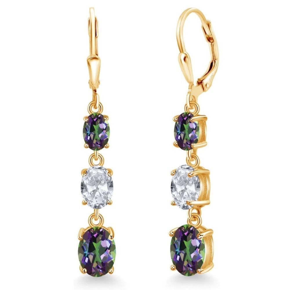 18K Yellow Gold with 6.35Cttw 3 Stone Green Mystic and White Topaz Drop Earrings